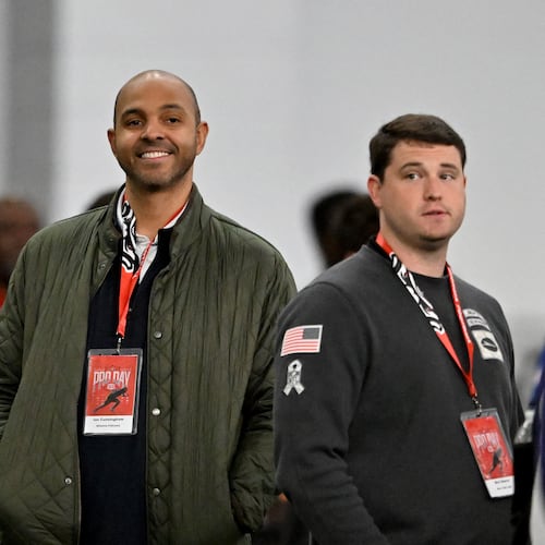 Atlanta Falcons general manager Ian Cunningham reacts during Georgia's NFL Pro Day at Payne Indoor Athletic Facility, Wednesday, March 18, 2026, in Athens. (Hyosub Shin/AJC)