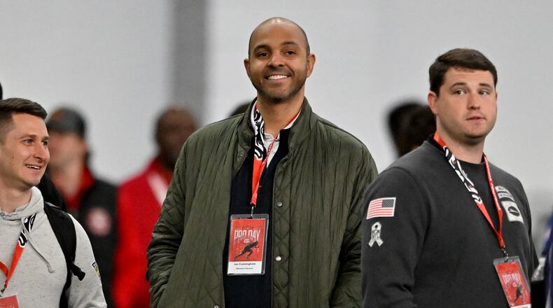 Atlanta Falcons general manager Ian Cunningham reacts during Georgia's NFL Pro Day at Payne Indoor Athletic Facility, Wednesday, March 18, 2026, in Athens. (Hyosub Shin/AJC)