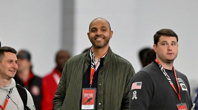 Atlanta Falcons general manager Ian Cunningham reacts during Georgia's NFL Pro Day at Payne Indoor Athletic Facility, Wednesday, March 18, 2026, in Athens. (Hyosub Shin/AJC)
