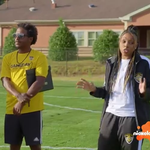Kel Mitchell (left) and Renee Montgomery (right) help Sporting Club Stockbridge Soccer Academy and coach Damian Thompson during the first episode of Nickelodeon's “Play It Forward,” shot in metro Atlanta. (Nickelodeon)
