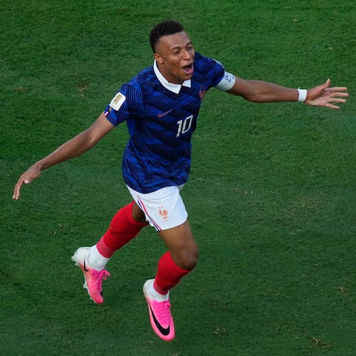 France's Kylian Mbappe (10) celebrates scoring their side's first goal during the World Cup round of 32 soccer match between France and Sweden in East Rutherford, N.J., near New York, Tuesday, June 30, 2026. (AP Photo/Yuki Iwamura)