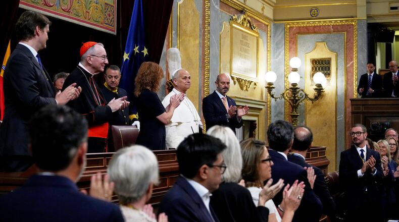 Pope Leo XIV meets with members of the Spanish Parliament at the Congress of Deputies, in Madrid, Monday, June 8, 2026. (AP Photo/Alessandra Tarantino)