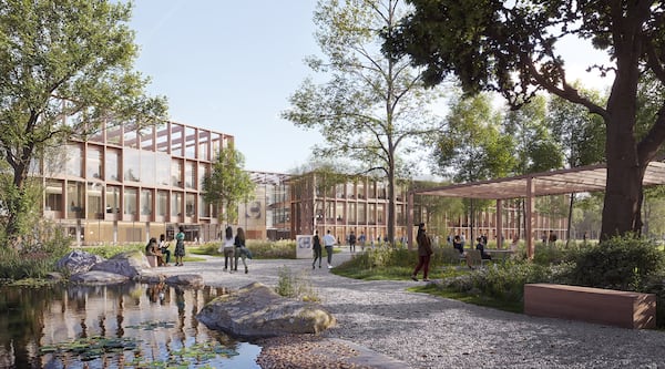 A rendering depicts the 460,000-square-foot facility biopharmaceutical giant UCB plans at the Rowen project in Gwinnett County. (Courtesy of UCB)