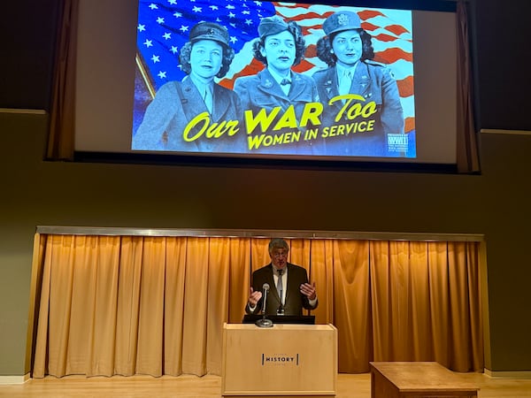 Atlanta History Center president F. Sheffield Hale welcomes guests at the member opening of "Our War Too: Women in Service" on Oct. 13, 2025. (Danielle Charbonneau/AJC)