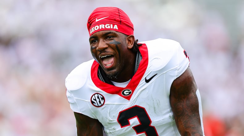 Georgia running back Nate Frazier (3) reacts during warm ups before an NCAA college football game against Western Kentucky, Saturday, Sept. 12, 2026, in Athens, Ga. (AP Photo/Colin Hubbard)