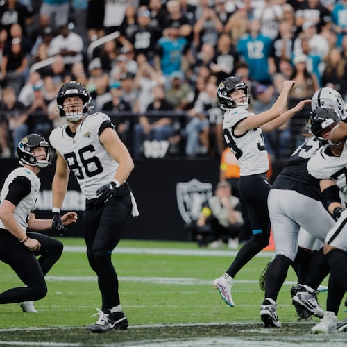 Jacksonville Jaguars place kicker Cam Little (39) watches his 68-yard field goal during the first half of an NFL football game against the Las Vegas Raiders, Sunday, Nov. 2, 2025, in Las Vegas. (AP Photo/Steve Marcus)