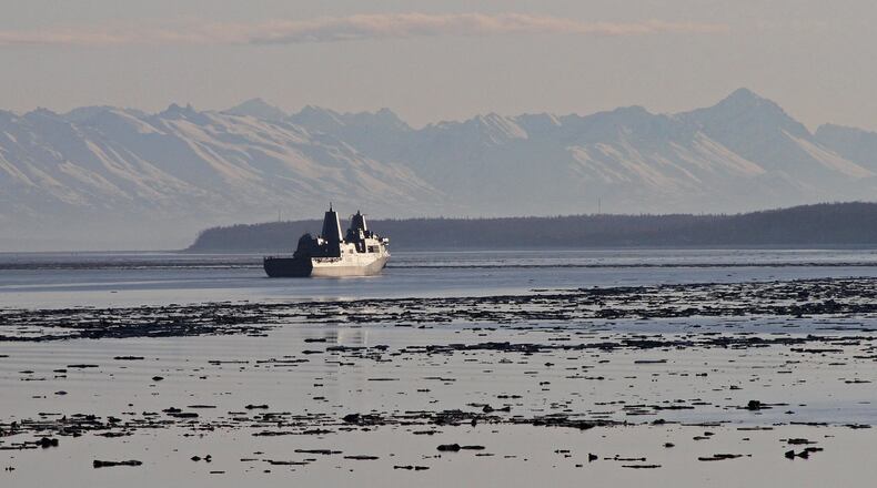 FILE - The USS Anchorage, an amphibious transport dock, makes its way up Alaska's Cook Inlet on Wednesday, May 1, 2013. (AP Photo/Mark Thiessen, file)