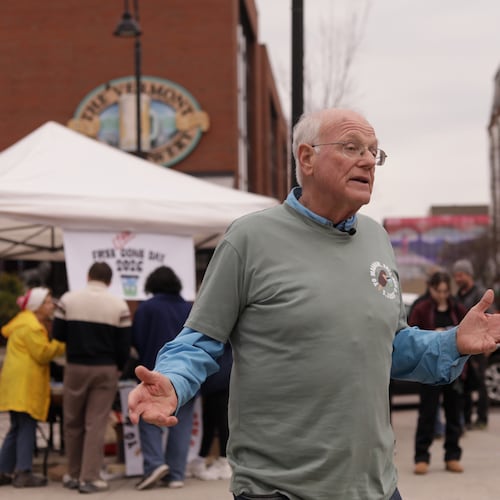 Ben and Jerry's co-founder Ben Cohen speaks during an interview about his Free the Cone Day campaign, asking supporters to help restore the company's independence and protect its social mission on Free Cone Day in Burlington, Vt., Tuesday, April 14, 2026. (AP Photo/Amanda Swinhart)