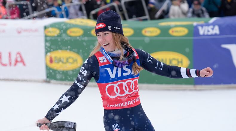 United States' Mikaela Shiffrin celebrates winning an alpine ski, women's World Cup slalom, in Spindleruv Mlyn, Czech Republic, Sunday, Jan. 25, 2026. (AP Photo/Giovanni Auletta)