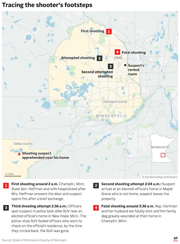 The map above shows the events surrounding two sets of shootings at lawmaker's residences in Minneapolis, Minnesota. (AP Graphic)