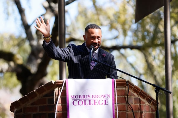 Morris Brown College President Kevin E. James — pictured giving remarks during the unveiling of a marker honoring W.E.B. Du Bois on campus in 2024 — said the Blank Foundation's gift "provides critical support for Morris Brown students in their educational journeys." (Miguel Martinez/AJC 2024)