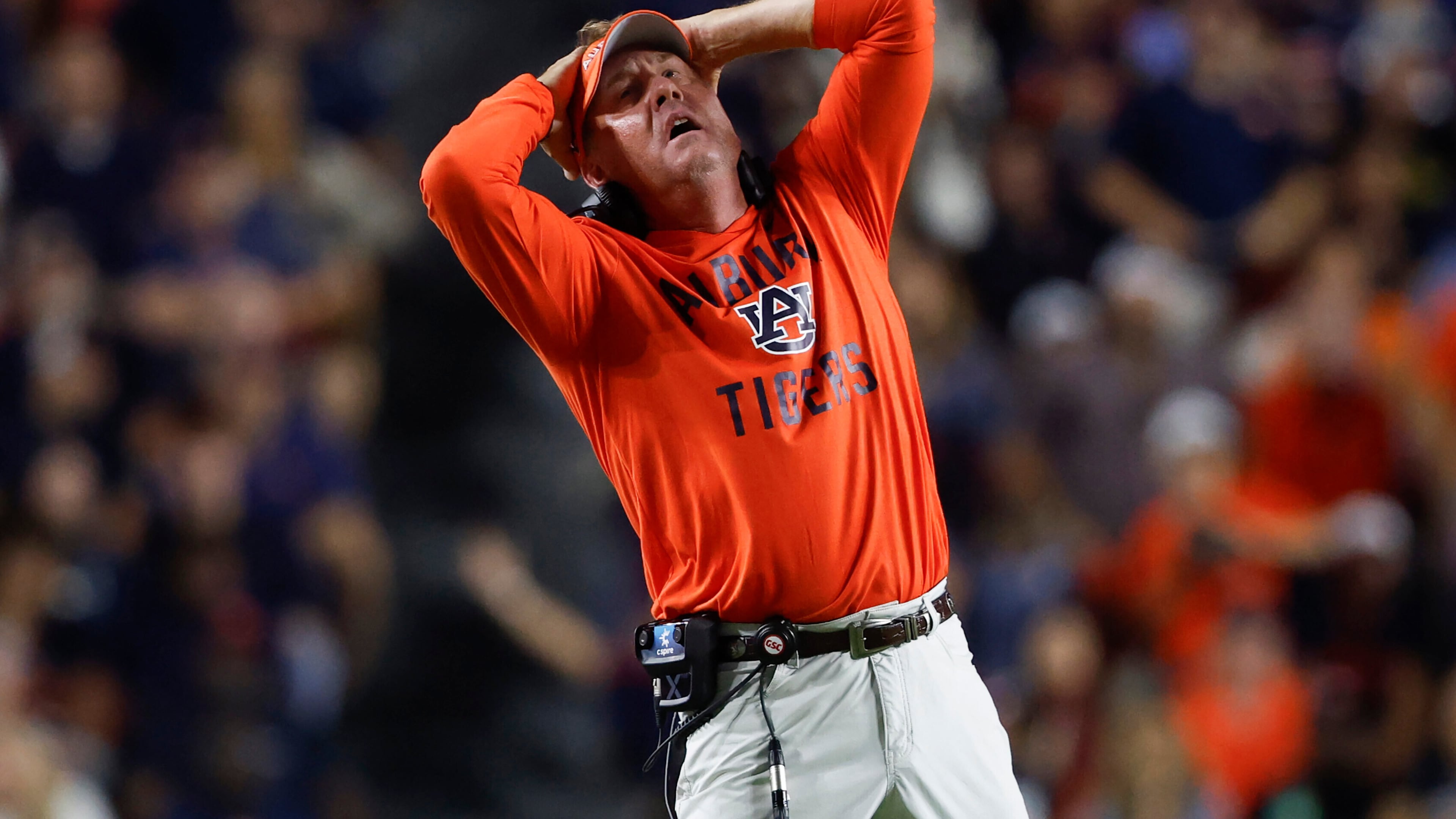 Auburn head coach Hugh Freeze reacts to a call during the second half of an NCAA college football game against Missouri, Saturday, Oct. 18, 2025, in Auburn, Ala. (AP Photo/Butch Dill)