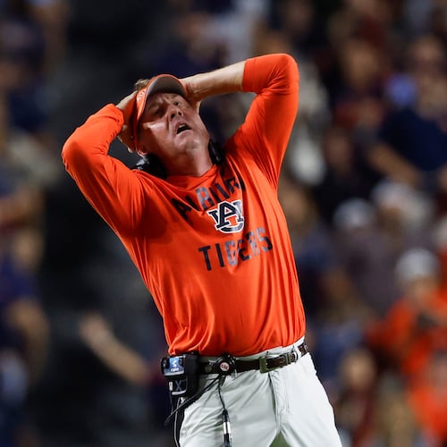 Auburn head coach Hugh Freeze reacts to a call during the second half of an NCAA college football game against Missouri, Saturday, Oct. 18, 2025, in Auburn, Ala. (AP Photo/Butch Dill)