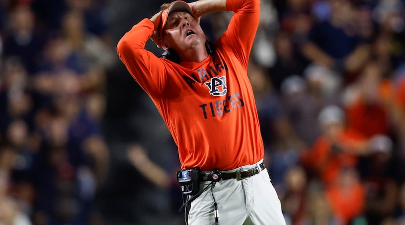 Auburn head coach Hugh Freeze reacts to a call during the second half of an NCAA college football game against Missouri, Saturday, Oct. 18, 2025, in Auburn, Ala. (AP Photo/Butch Dill)