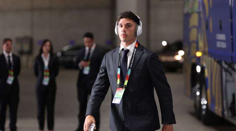 Australia's Cristian Volpato arrives at the stadium ahead the World Cup round of 32 soccer match between Australia and Egypt in Arlington, Texas, near Dallas, Friday, July 3, 2026. (AP Photo/Sam Hodde)