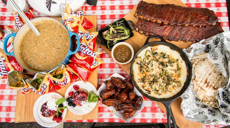 Pork Green Chile Frito Pie, Dirty Bird Upside Down Cake, Grilled Fundido, and Fox Bros. bbq ribs and wings.  Photo Credit- Mia Yakel.