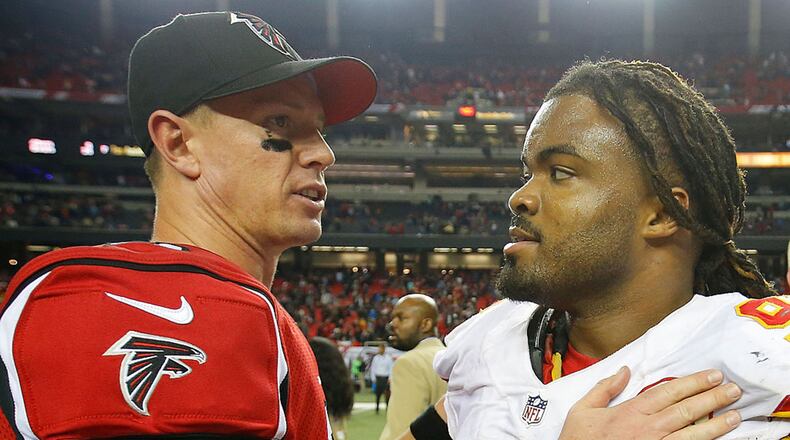 ATLANTA, GA - DECEMBER 04: Matt Ryan #2 of the Atlanta Falcons congratulates Dontari Poe #92 of the Kansas City Chiefs on their 29-28 win at Georgia Dome on December 4, 2016 in Atlanta, Georgia. (Photo by Kevin C. Cox/Getty Images)