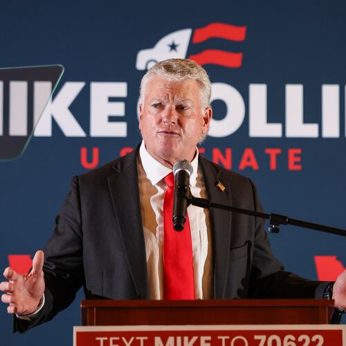 U.S. Senate candidate Mike Collins speaks during an election-night watch party after winning the Republican nomination, Tuesday, June 16, 2026, in Jackson, Ga. (AP Photo/Colin Hubbard)