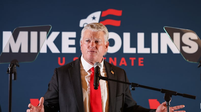 U.S. Senate candidate Mike Collins speaks during an election-night watch party after winning the Republican nomination, Tuesday, June 16, 2026, in Jackson, Ga. (AP Photo/Colin Hubbard)