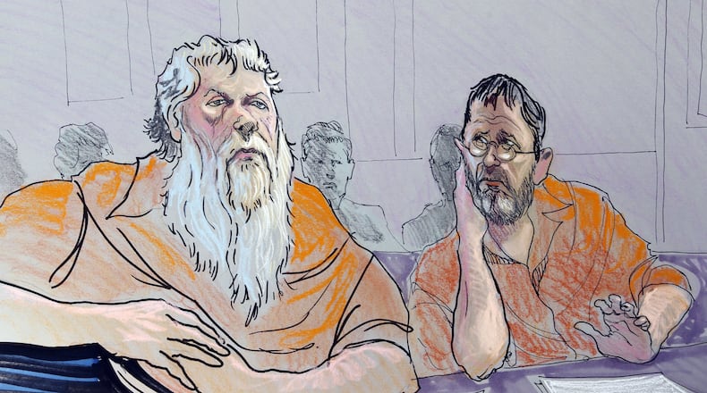 FILE - In this Nov. 2, 2011 file photo of an artist rendering, Ray Adams, left, and Samuel Crump are shown in a federal courtroom in Gainesville, Ga. Adams and Crump were convicted Friday, Jan. 17, 2013, in federal court of conspiring to make and possess ricin. The jury deliberated for 90 minutes in Gainesville before reaching their decision. Adams and Crump were among four men arrested in November 2011 after surveillance by an undercover informant who was present for meetings at homes, during car rides and at a Waffle House restaurant. Defense attorneys said the men never had the intent or ability to carry out an attack. Two others previously pleaded guilty to conspiring to get an unregistered explosive and an illegal gun silencer. (AP Photo/Richard Miller, File)