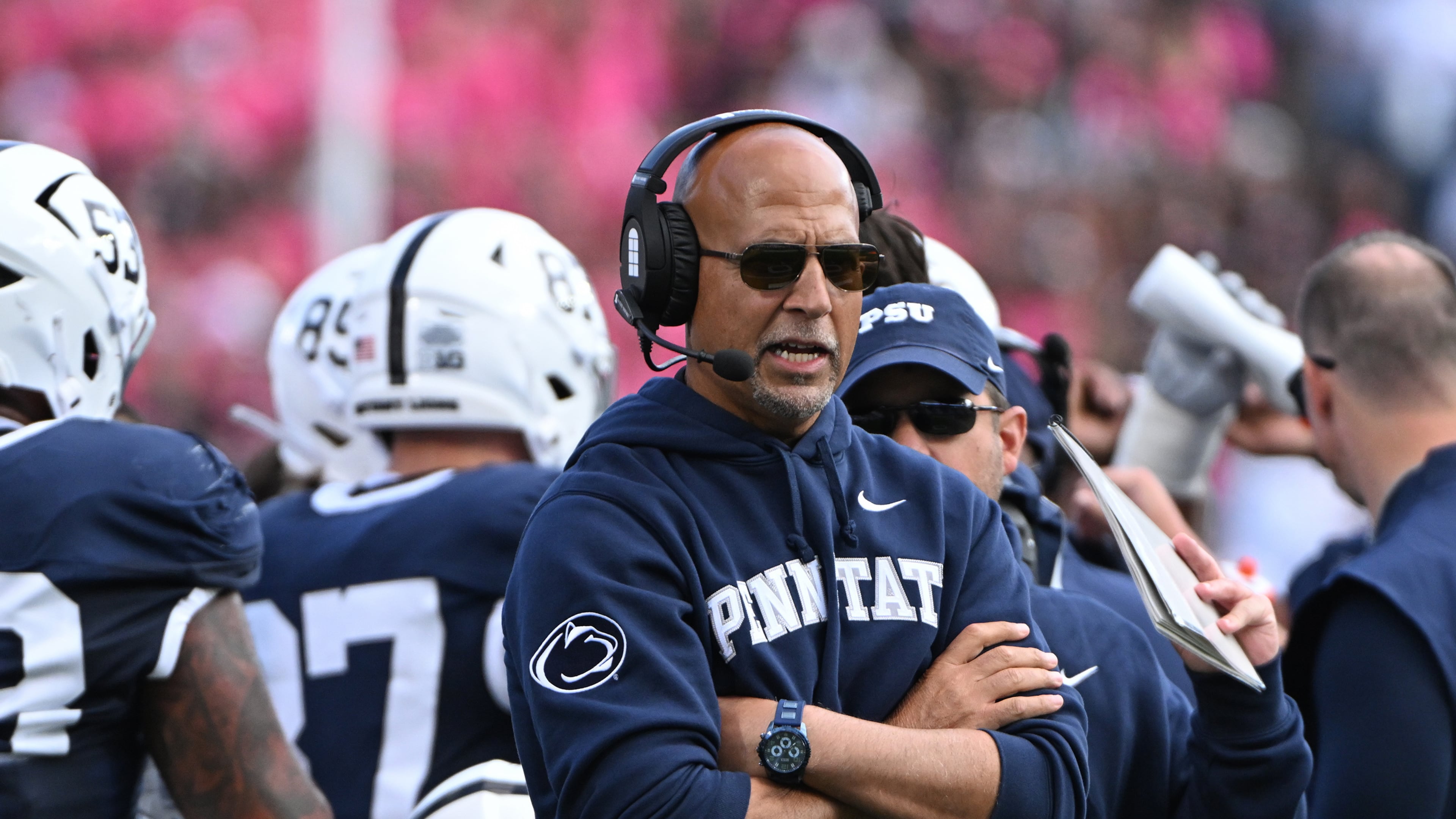 Penn State head coach James Franklin reacts during the second quarter of an NCAA college football game against Northwestern, Saturday, Oct. 11, 2025, in State College, Pa. (AP Photo/Barry Reeger)