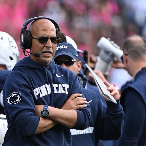 Penn State head coach James Franklin reacts during the second quarter of an NCAA college football game against Northwestern, Saturday, Oct. 11, 2025, in State College, Pa. (AP Photo/Barry Reeger)
