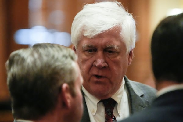 Sen. Bill Cowsert, R-Athens, speaks with colleagues on the Senate floor, Thursday, March 6, 2025, in Atlanta. (AP Photo/Mike Stewart)