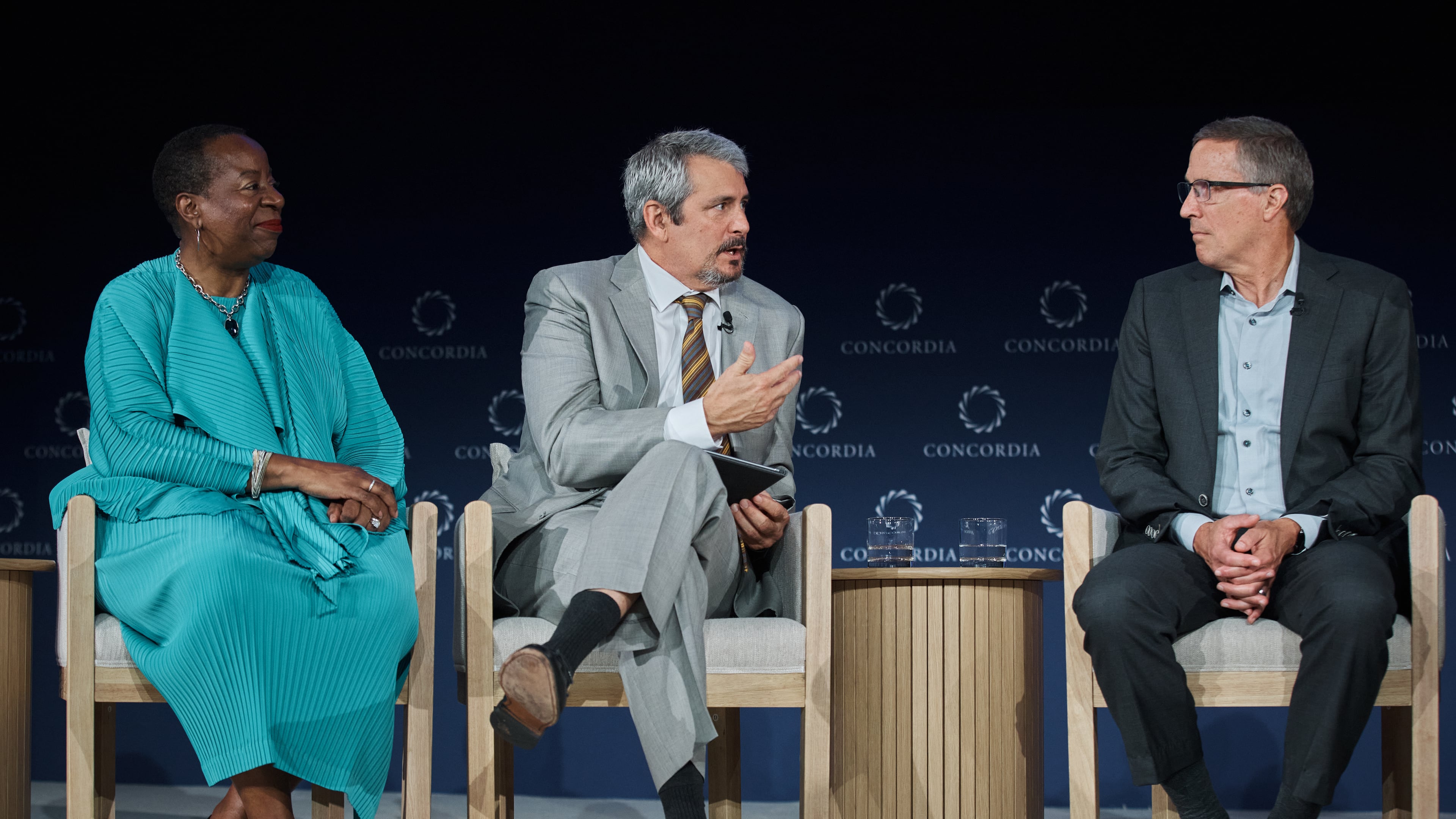 Mark Viso from Food For the Hungry, center, speaks as Angela Williams from United Way Worldwide, left, and Michael Nyenhuis from UNICEF USA, right, listen during the Concordia Annual Summit in New York, Wednesday, Sept. 24, 2025. (AP Photo/Andres Kudacki)