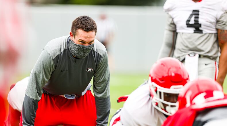 UGA defensive coordinator and outside linebackers coach Dan Lanning during the Bulldogs’ practice session in Athens, Ga., on Tuesday, Sept. 15, 2020. (Photo by Tony Walsh)