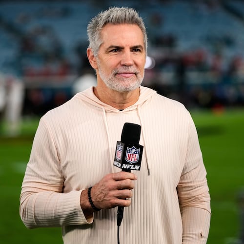 FILE - NFL Network analyst Kurt Warner reports before an NFL football game between the Jacksonville Jaguars and the Kansas City Chiefs, Oct. 6, 2025, in Jacksonville, Fla. (AP Photo/John Raoux, File)