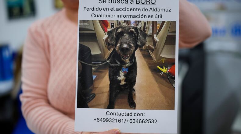 A woman holds a sign reading in Spanish, "Missing Boro. Lost during the Adamuz accident. Any information is helpful," about a dog that went missing during a train crash in Adamuz, southern Spain, Wednesday, Jan. 21, 2026. (AP Photo/Manu Fernandez)
