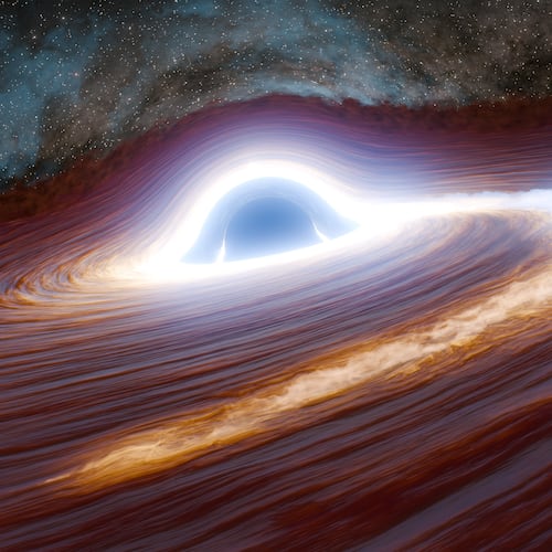 This illustration provided by Caltech shows a supermassive black hole shredding a large star to pieces, leading to a bright flare. (Robert Hurt, Caltech (IPAC) via AP)
