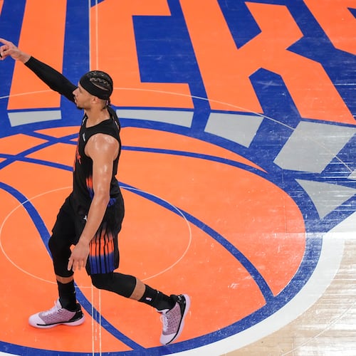 New York Knicks guard Josh Hart (3) reacts after scoring a three-point goal during the second half of Game 2 in the Eastern Conference finals NBA basketball playoffs series against the Cleveland Cavaliers, Thursday, May 21, 2026, in New York. (AP Photo/Yuki Iwamura)