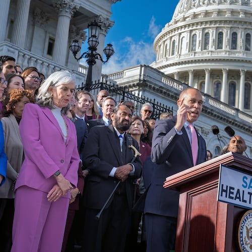 House Minority Leader Hakeem Jeffries, D-N.Y., and fellow Democrats speak on the health care funding fight on the steps of the House before votes to end the government shutdown, at the Capitol in Washington, Wednesday, Nov. 12, 2025. (AP Photo/J. Scott Applewhite)