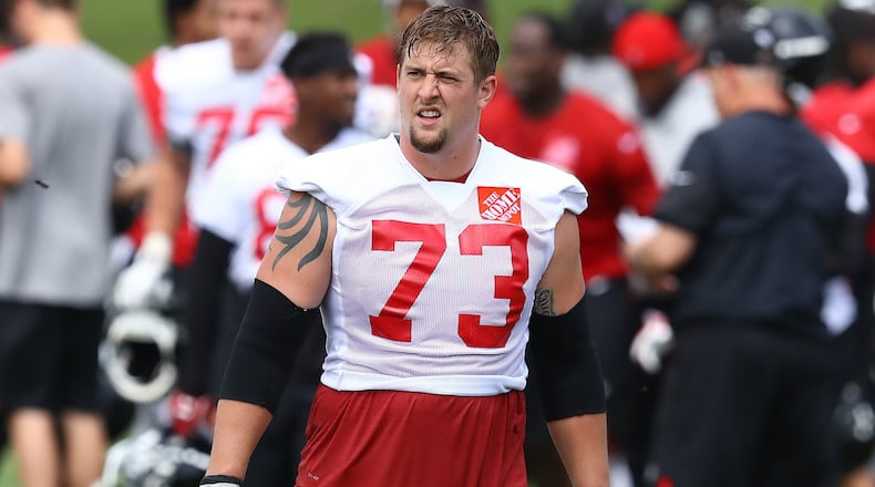 Falcons offensive tackle Ryan Schraeder finishes the first day of mandatory minicamp Tuesday, June 12, 2018, in Flowery Branch. Curtis Compton/ccompton@ajc.com