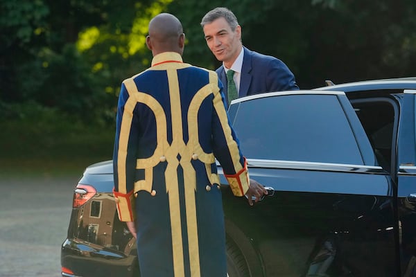 Spain's Prime Minister Pedro Sanchez arrives for a formal dinner at the Paleis Huis ten Bosch ahead of the NATO summit in The Hague, Netherlands, Tuesday, June 24, 2025. (AP Photo/Markus Schreiber)