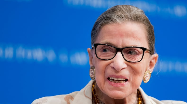 FILE - In this Feb. 4, 2015 file photo, Supreme Court Justice Ruth Bader Ginsburg speaks at Georgetown University Law Center in Washington. Ginsburg’s public criticism of Donald Trump is dividing legal experts over whether the leader of the court’s liberal wing should recuse herself in any future case involving him. (AP Photo/Manuel Balce Ceneta, File)