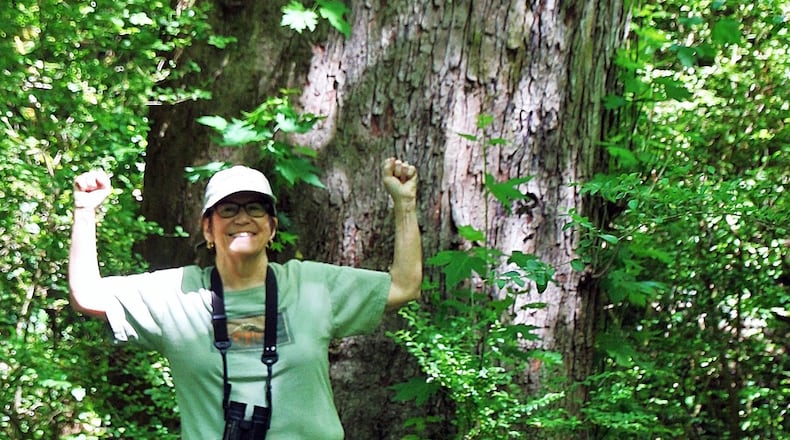 Laura Seabrook stands in front of the City of Atlanta’s champion silver maple tree in Herbert Taylor Park in Midtown Atlanta’s Morningside area. The park is one of 14 old growth forests recently inducted into the national Old-Growth Forest Network. Contributed by Charles Seabrook
