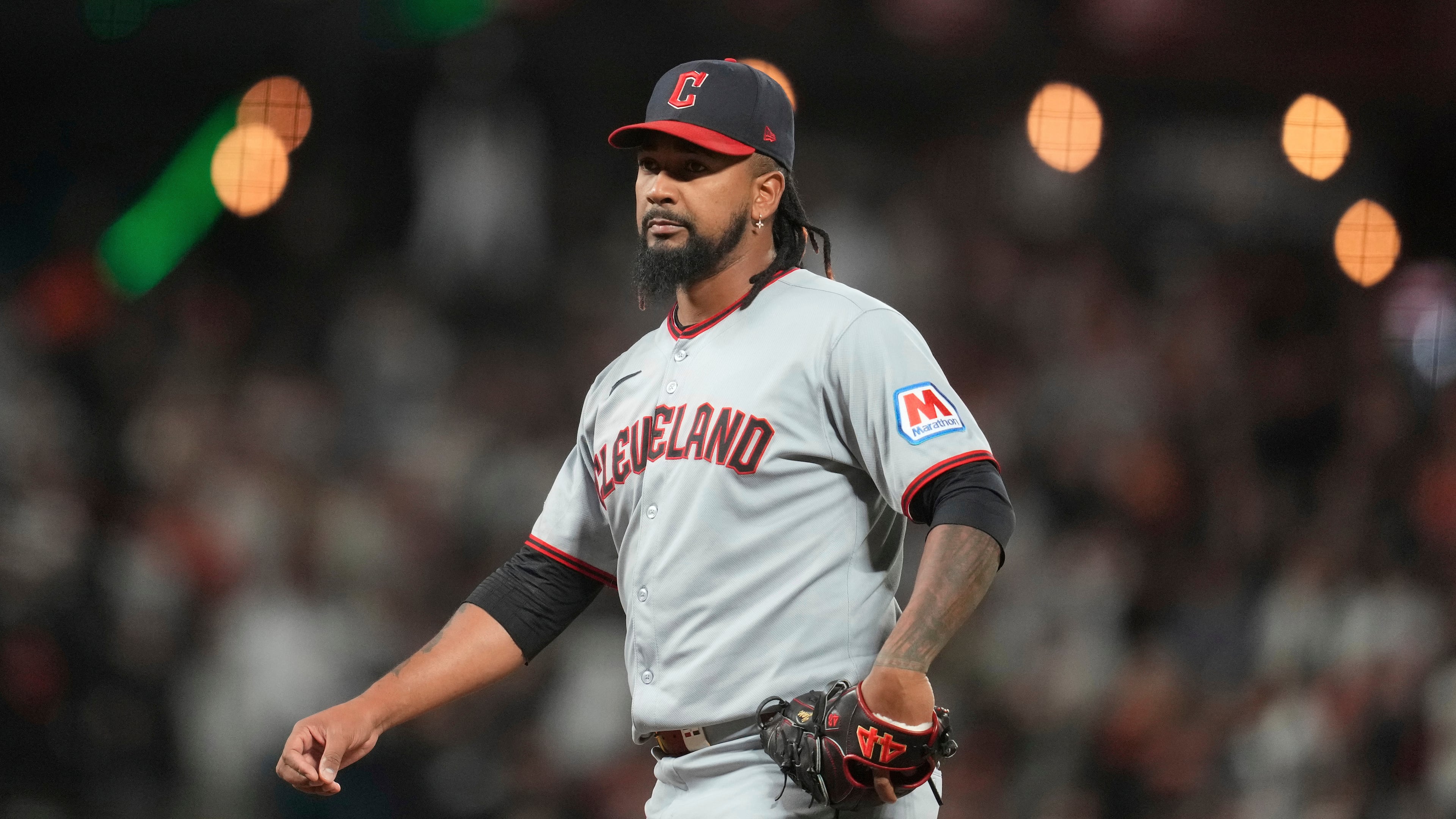 FILE - Cleveland Guardians pitcher Emmanuel Clase during a baseball game against the San Francisco Giants, in San Francisco, June 17, 2025. (AP Photo/Jeff Chiu, file)