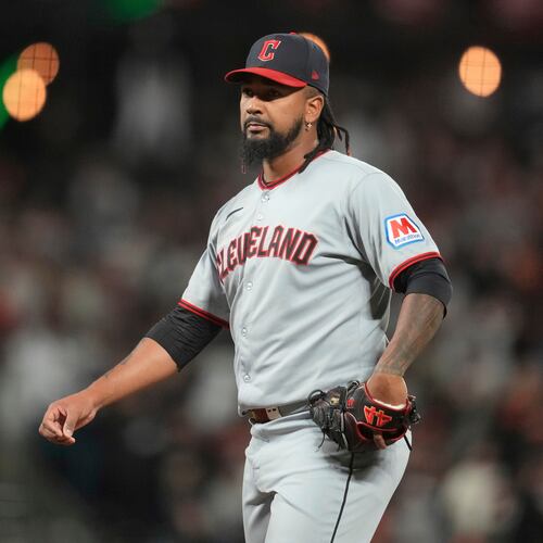 FILE - Cleveland Guardians pitcher Emmanuel Clase during a baseball game against the San Francisco Giants, in San Francisco, June 17, 2025. (AP Photo/Jeff Chiu, file)