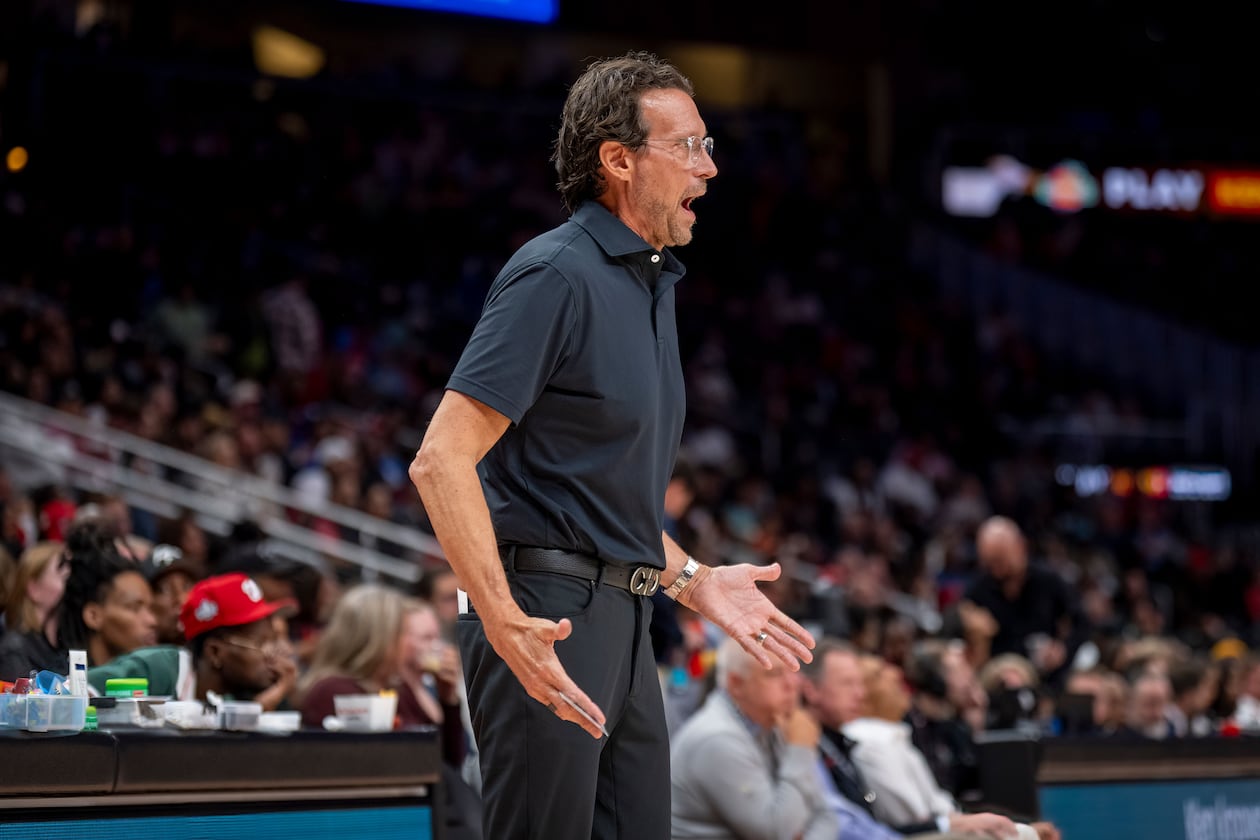Atlanta Hawks Head Coach Quin Snyder reacts to a call during the second half of an NBA basketball game against the Detroit Pistons, Tuesday, Nov. 18, 2025, in Atlanta. (AP Photo/Erik Rank)