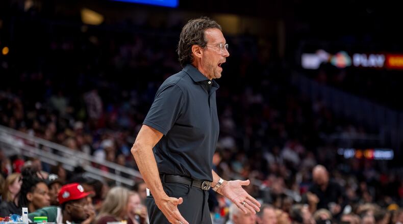 Atlanta Hawks Head Coach Quin Snyder reacts to a call during the second half of an NBA basketball game against the Detroit Pistons, Tuesday, Nov. 18, 2025, in Atlanta. (AP Photo/Erik Rank)