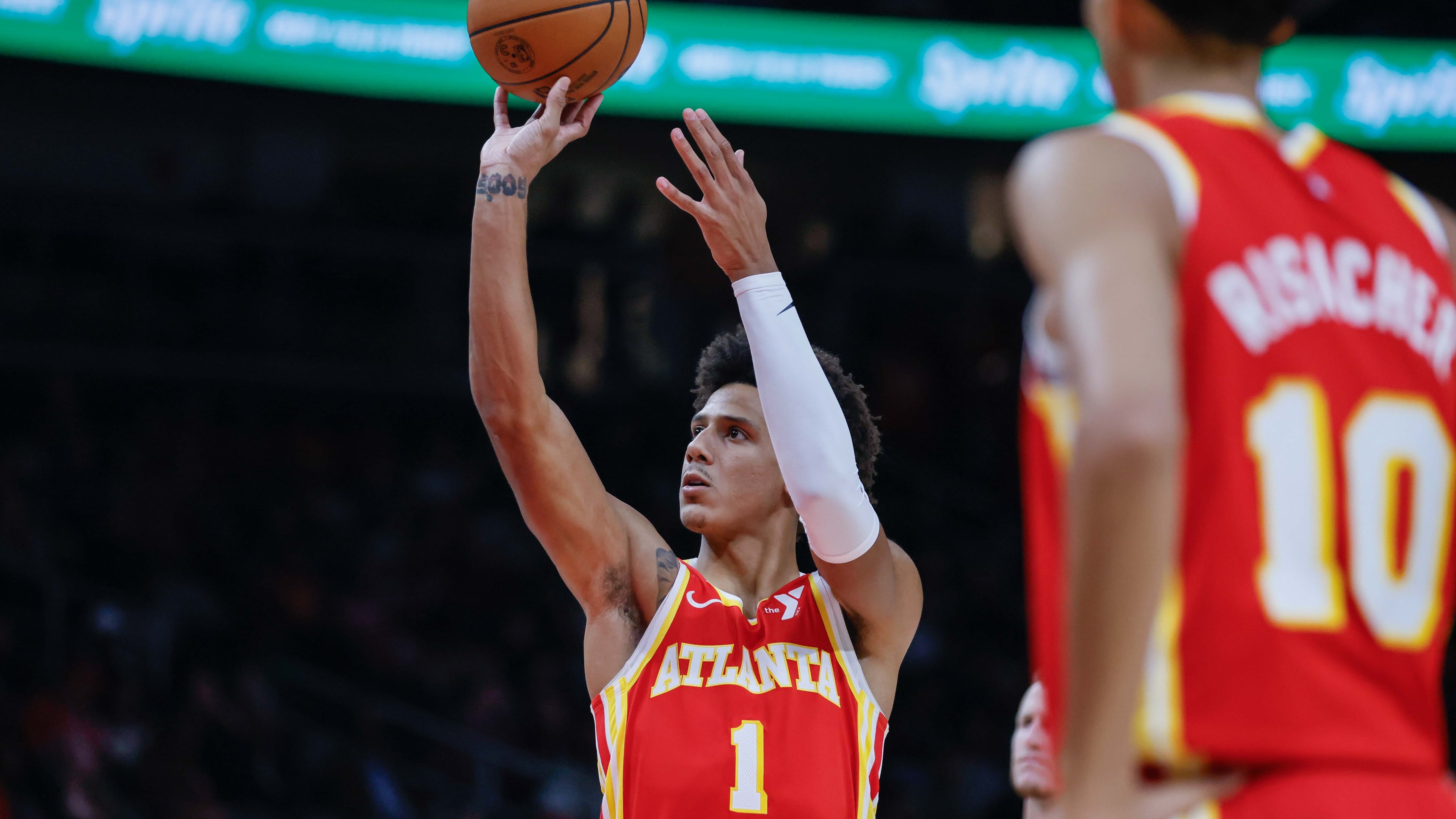 Atlanta Hawks forward Jalen Johnson (1) shoots a free throw during the first half at State Farm Arena on Monday, October 28, 2024, in Atlanta.
(Miguel Martinez/ AJC)