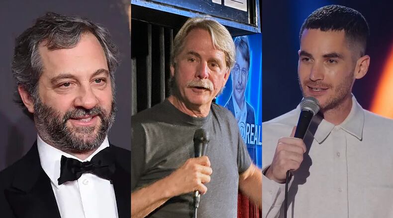 Judd Apatow (left), the producer behind "Bridesmaids" and "The 40-Year-Old Virgin" will bring Jeff Foxworthy (center) and Ricky Velez to the Variety Playhouse on Nov. 3 to raise funds for the American Red Cross to help victims of Hurricane Helene in Georgia. (AP; Rodney Ho/AJC; HBO)