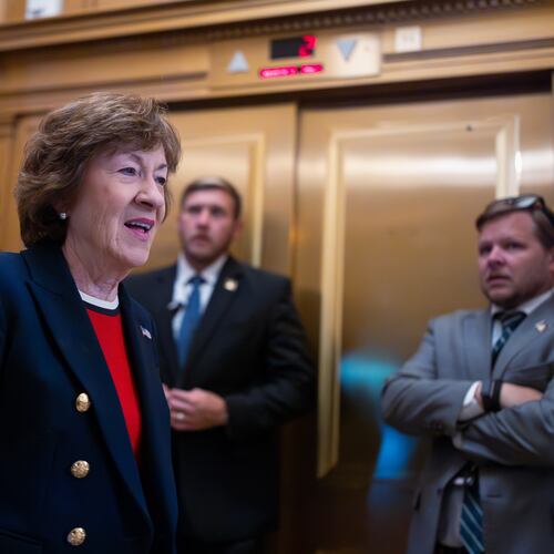 Sen. Susan Collins, R-Maine, chair of the Senate Appropriations Committee, heads to the chamber before votes on the immigration enforcement funding package, at the Capitol in Washington, Thursday, June 4, 2026. (AP Photo/J. Scott Applewhite)