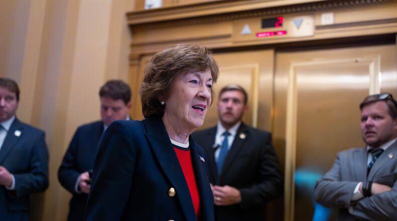 Sen. Susan Collins, R-Maine, chair of the Senate Appropriations Committee, heads to the chamber before votes on the immigration enforcement funding package, at the Capitol in Washington, Thursday, June 4, 2026. (AP Photo/J. Scott Applewhite)