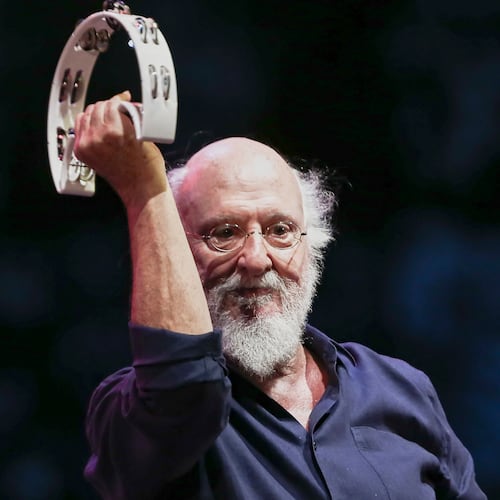 Greek singer-songwriter Dionysis Savvopoulos, performs at the Athens Concert Hall on Sept. 1, 2020. (InTime News via AP)