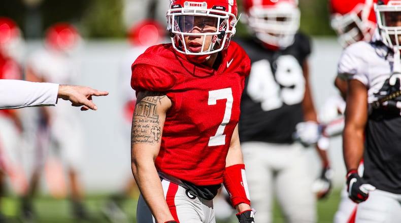 Georgia wide receiver Jermaine Burton (7) is pictured going through drills during the Bulldogs' practice on Tuesday, March 30, 2021, at Woodruff Practice Fields. Sometime after this shot Burton had to be helped off the field and carried into UGA's training room for further examination. (Photo by Tony Walsh/UGA Athletics)