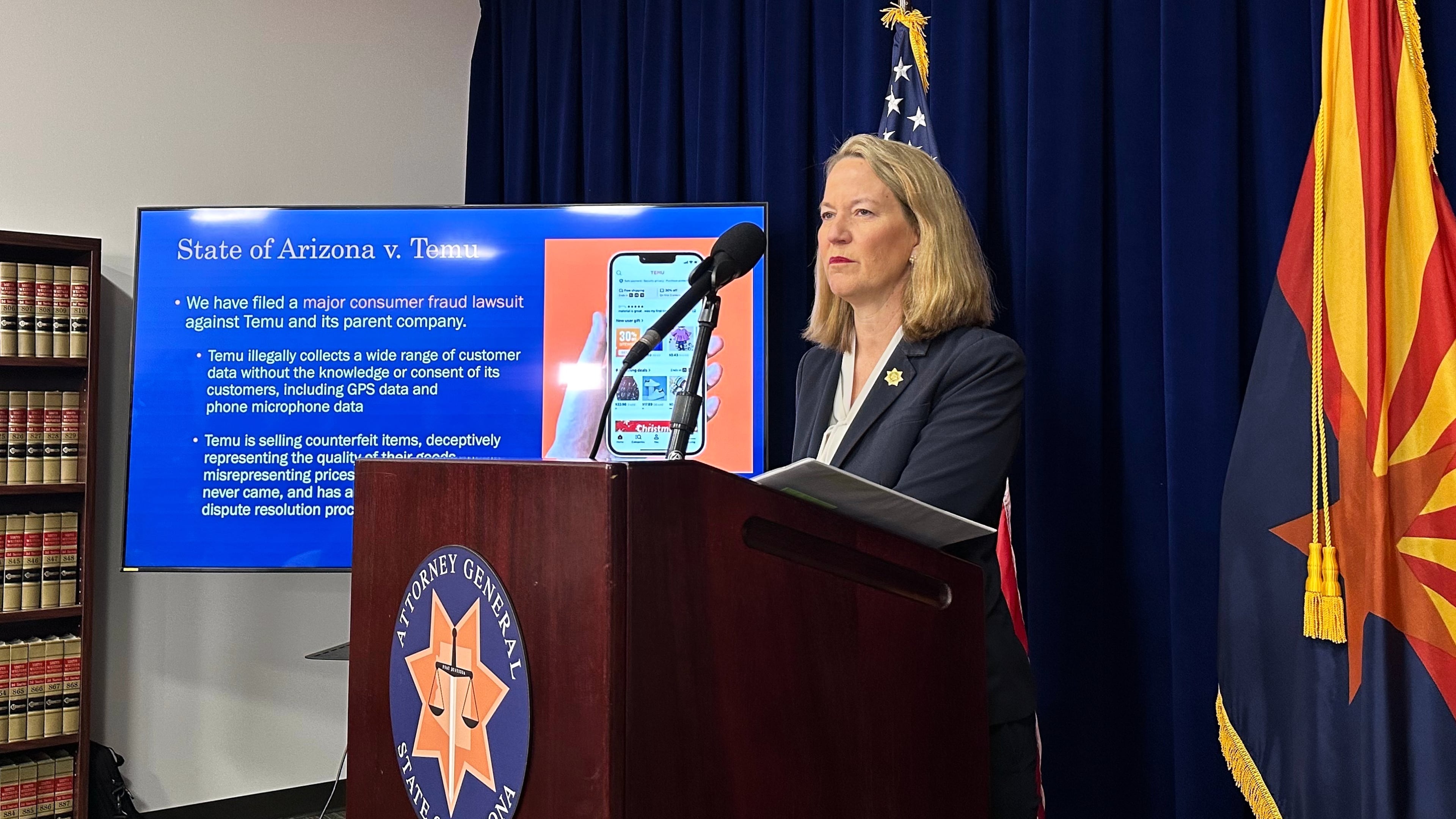 Arizona Attorney General Kris Mayes speaks at a news conference about her lawsuit against Chinese online retailer Temu in Phoenix on Tuesday, Dec. 2, 2025. (AP Photo/Sejal Govindarao)