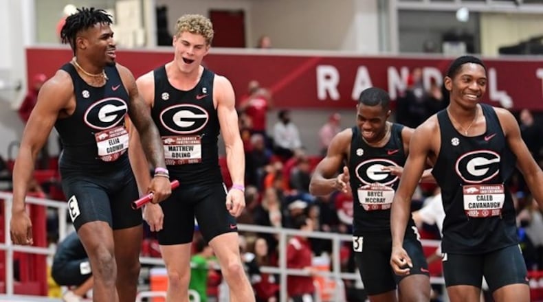 The University of Georgia's 4x400-meter relay team, from left, Elija Godwin, Matthew Boling, Bryce McCray and Caleb Cavanaugh, is ready for the big stage in Eugene, Ore.